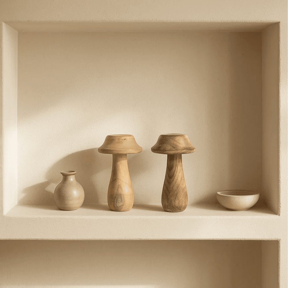 Minimal Wooden Mushroom Showpieces – Decor Accents (set of 2)