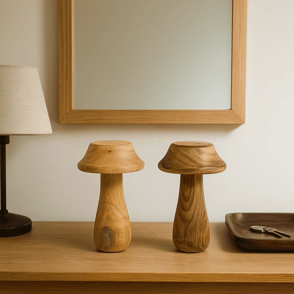 Minimal Wooden Mushroom Showpieces – Decor Accents (set of 2)
