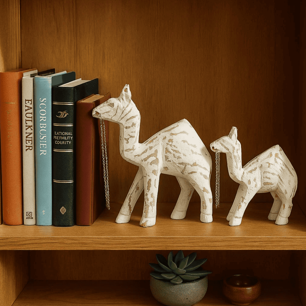 Handcarved Wooden Camel Sculpture Set – Rustic Tabletop Decor