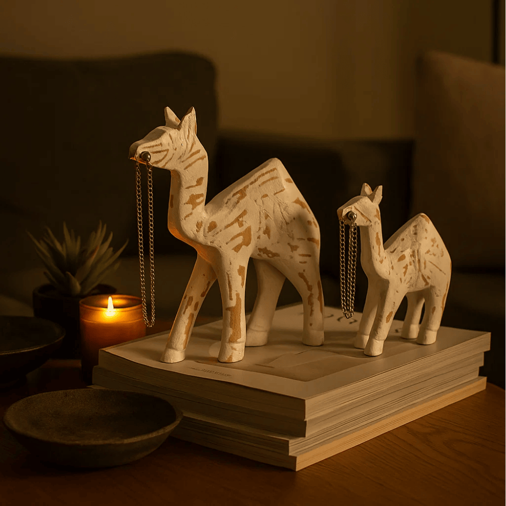 Handcarved Wooden Camel Sculpture Set – Rustic Tabletop Decor