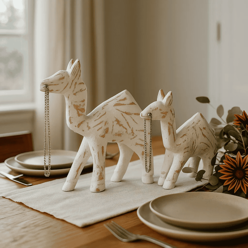 Handcarved Wooden Camel Sculpture Set – Rustic Tabletop Decor