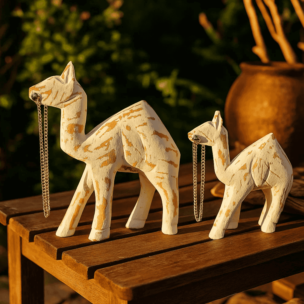 Handcarved Wooden Camel Sculpture Set – Rustic Tabletop Decor