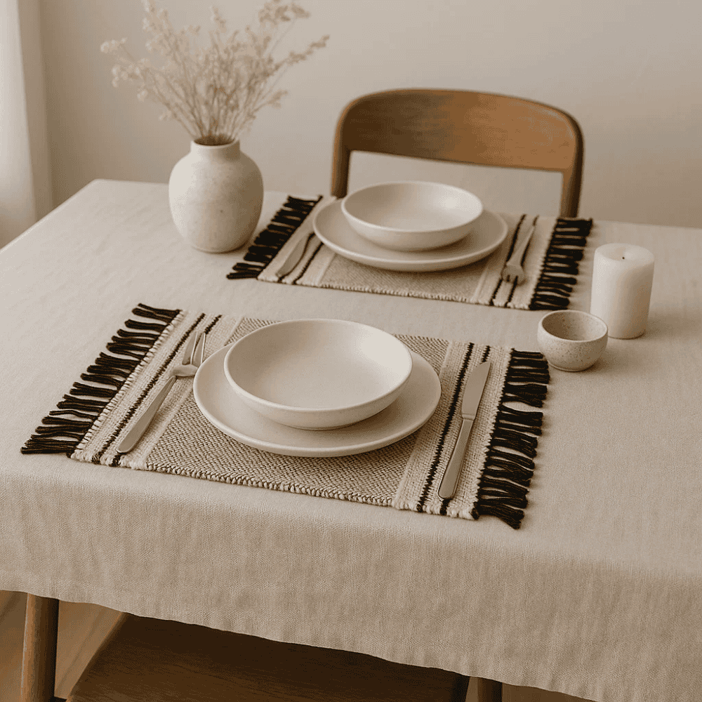 Handwoven Neutral Tasseled Cotton Placemats 