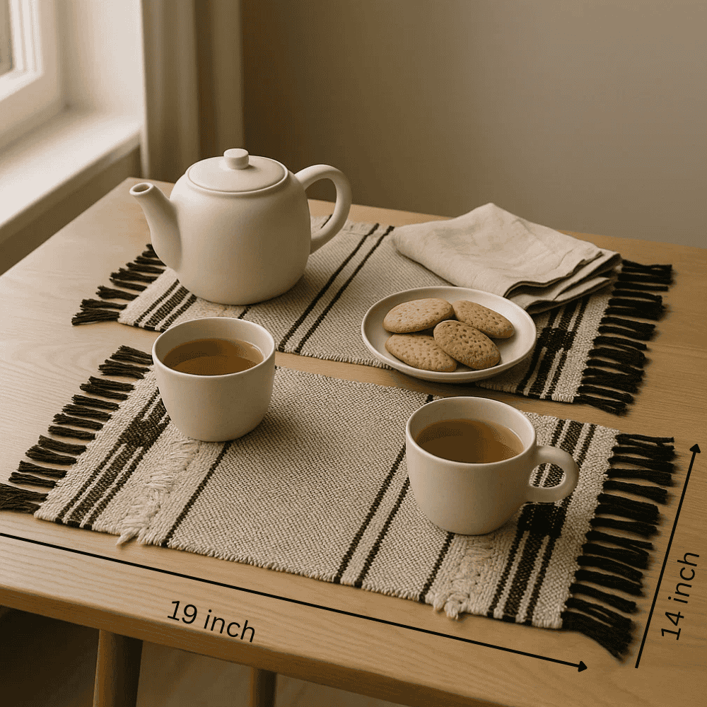 Handwoven Neutral Tasseled Cotton Placemats 