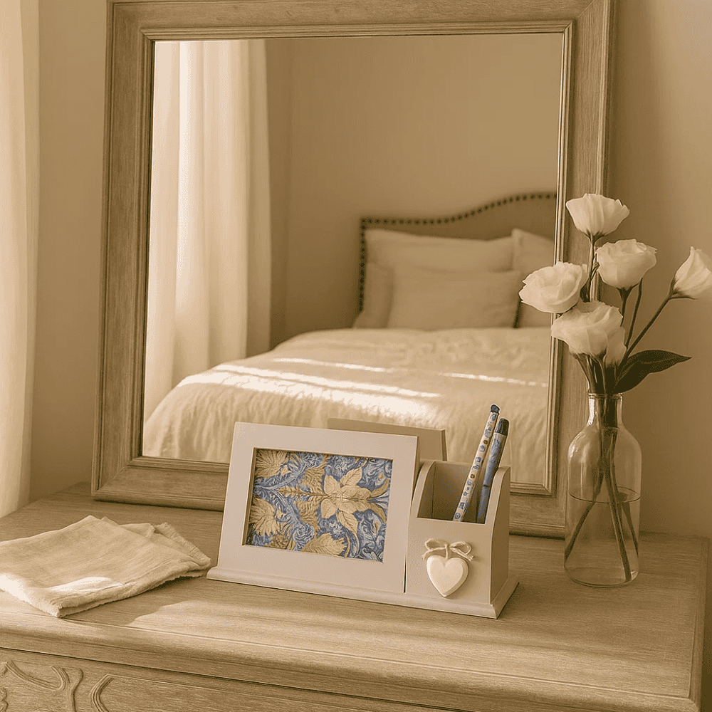 Handcarved Wooden Pen &amp; Photo Desk Stand – Rustic Organizer