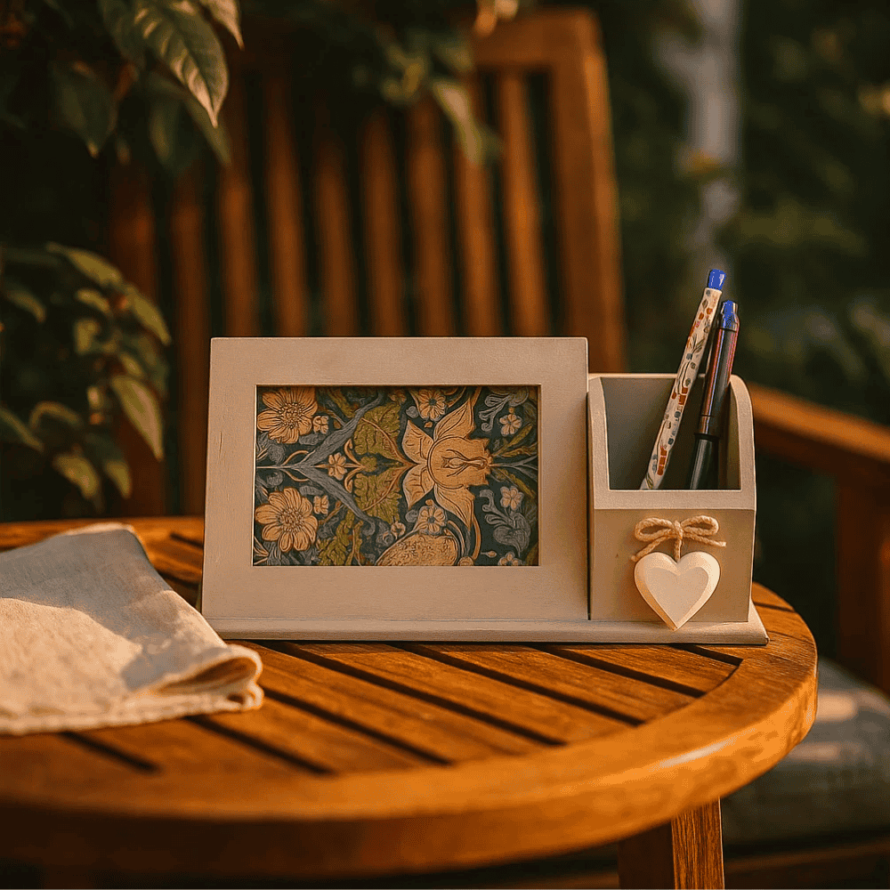 Handcarved Wooden Pen &amp; Photo Desk Stand – Rustic Organizer