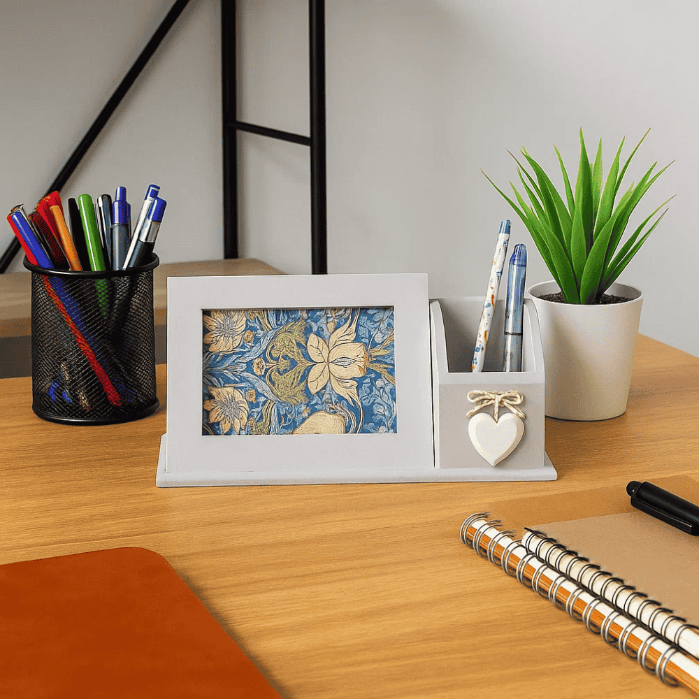 Handcarved Wooden Pen &amp; Photo Desk Stand – Rustic Organizer