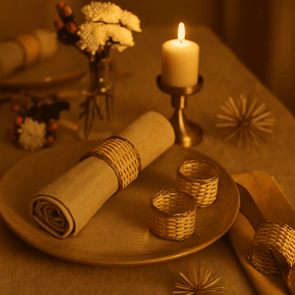 Eco-Friendly Handwoven Cane &amp; Brass Napkin Ring (Set of 4)