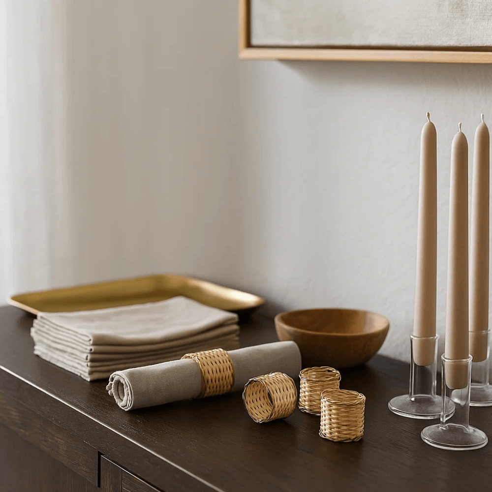 Eco-Friendly Handwoven Cane &amp; Brass Napkin Ring (Set of 4)