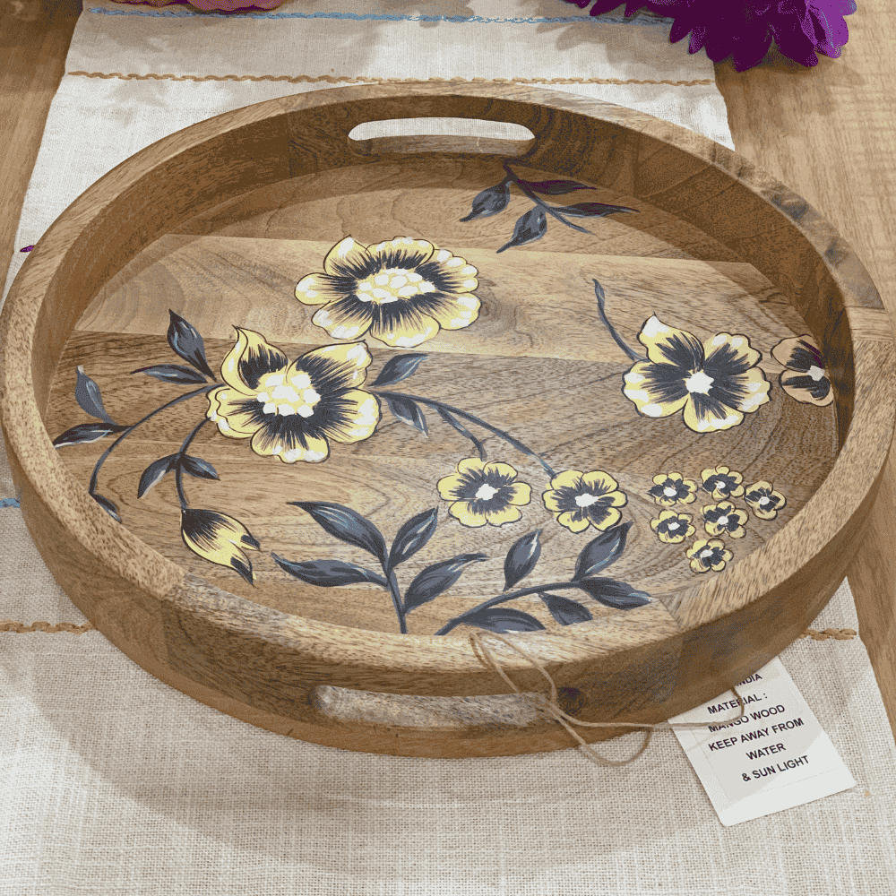 Floral Hand Printed Mango Round Wood Tray
