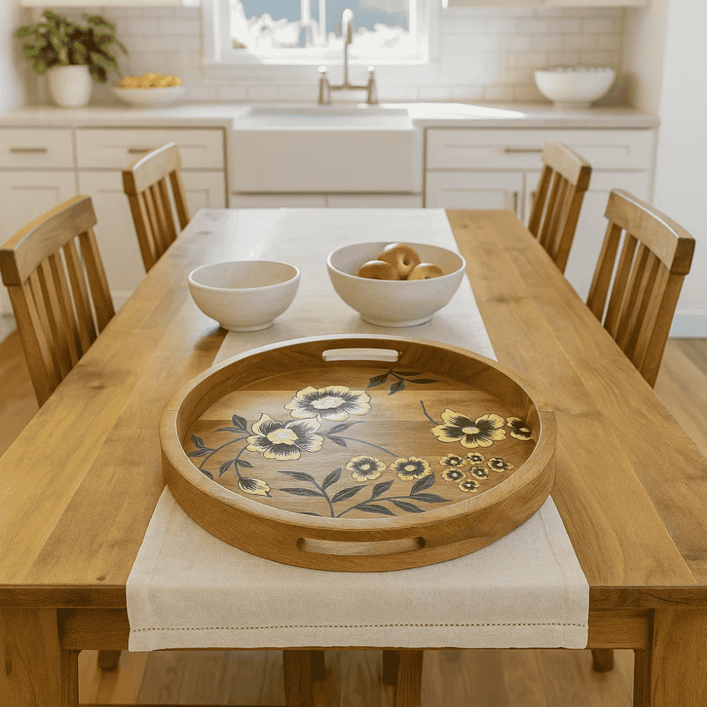 Floral Hand Printed Mango Round Wood Tray