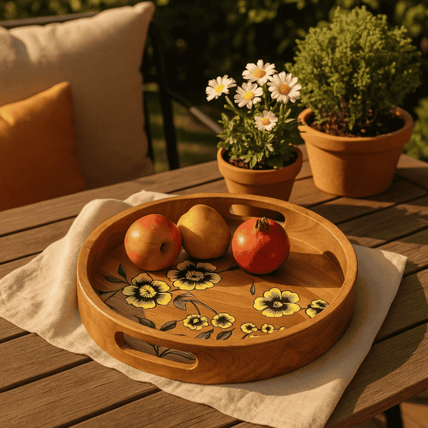 Floral Mango Wood Tray | Hand Printed Round Sustainable Serveware