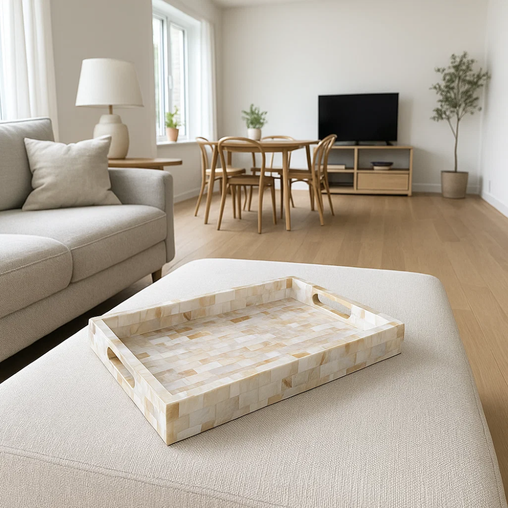 Mother-of-Pearl Wooden Serving Tray – Handcrafted Decorative Wood Serving Tray with Shell Inlay