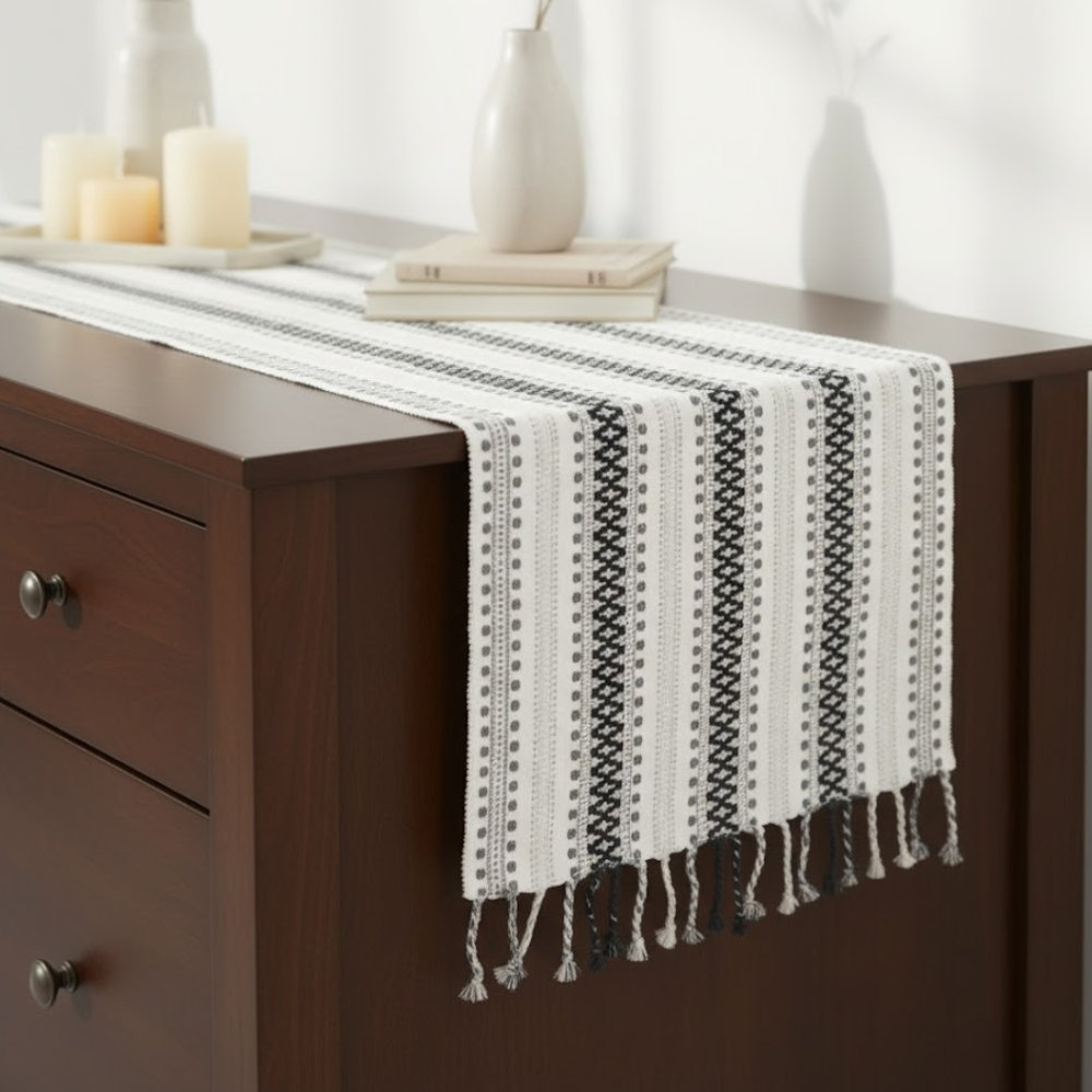 YarDyed Cotton Panelled Table Runner with Braided Tassels – Handwoven 100% Cotton Dining Table Runner