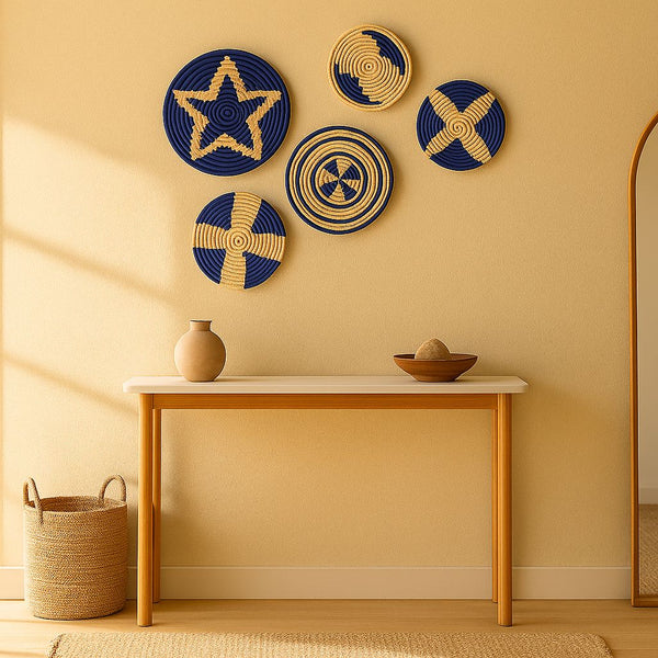 Indigo Sabai Grass Wall Plates | Handwoven Set of 5 Boho Decor