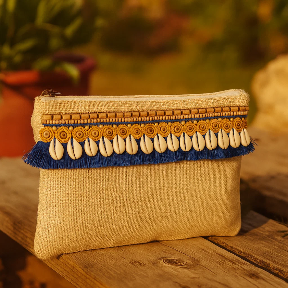 Beads & Fringes Embellished Jute Pouch