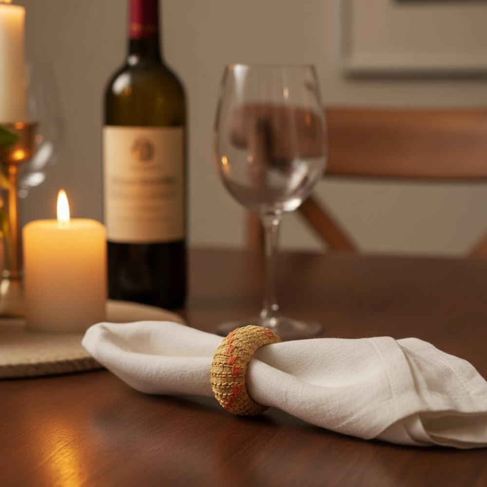 Handcrafted Round Cane & Iron Napkin Rings – Set of 4