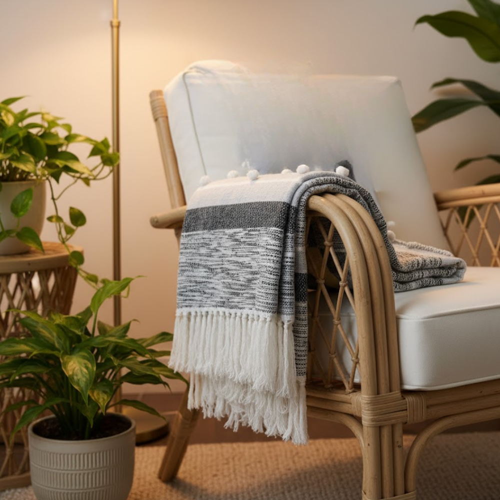 Statement Paneled Handloom Cotton & Wool Throw with Tassels