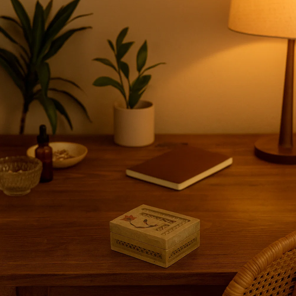 Inlaid Semi-Precious Stone & Lattice Cut Soapstone Jewelry Box