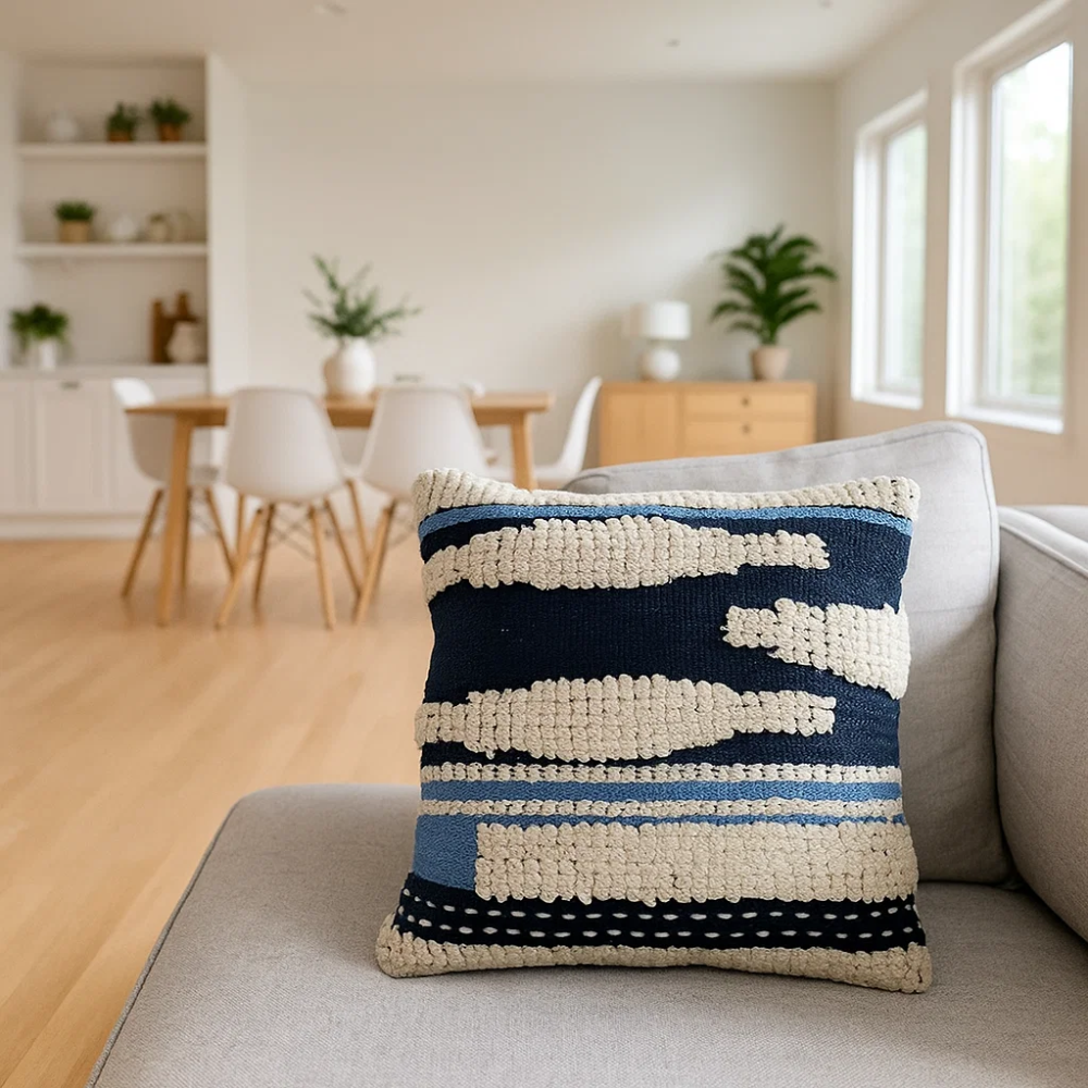 Woven Aqua Cushion Cover with Tufts – Handwoven Cotton Cushion Cover with Chunky Tufts