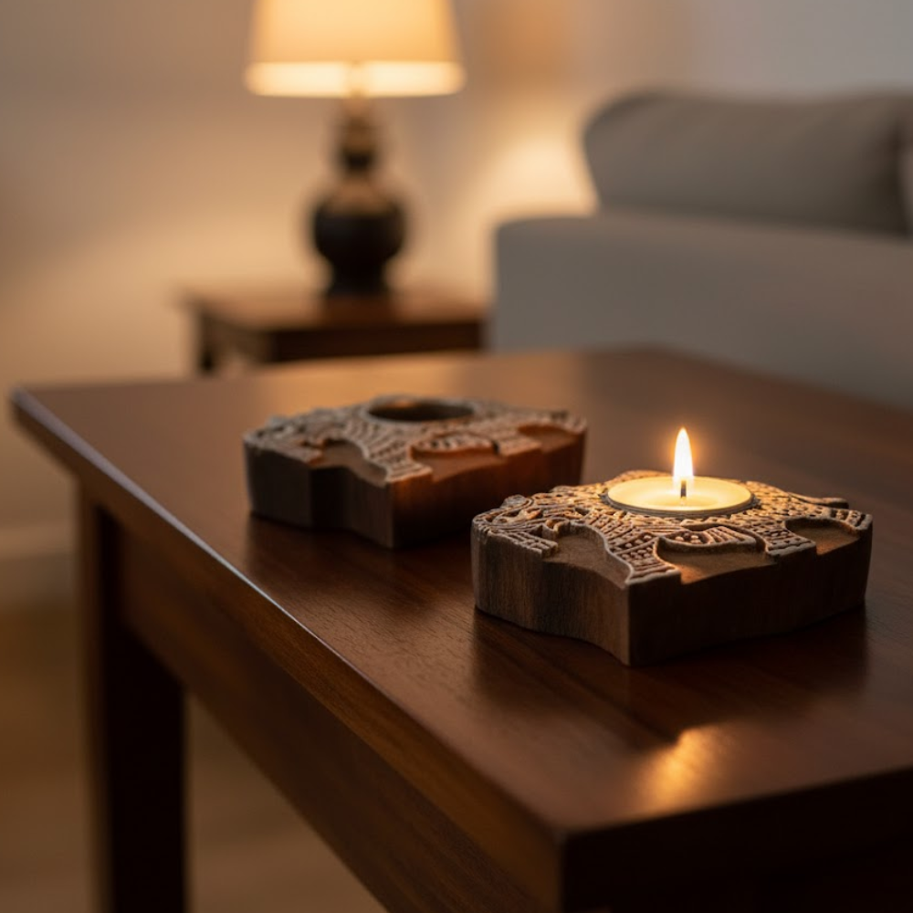 Hand Carved Wooden Elephant Tealight Holders (Set of 2) – Artisan Wooden Candle Holders with Elephant Motif