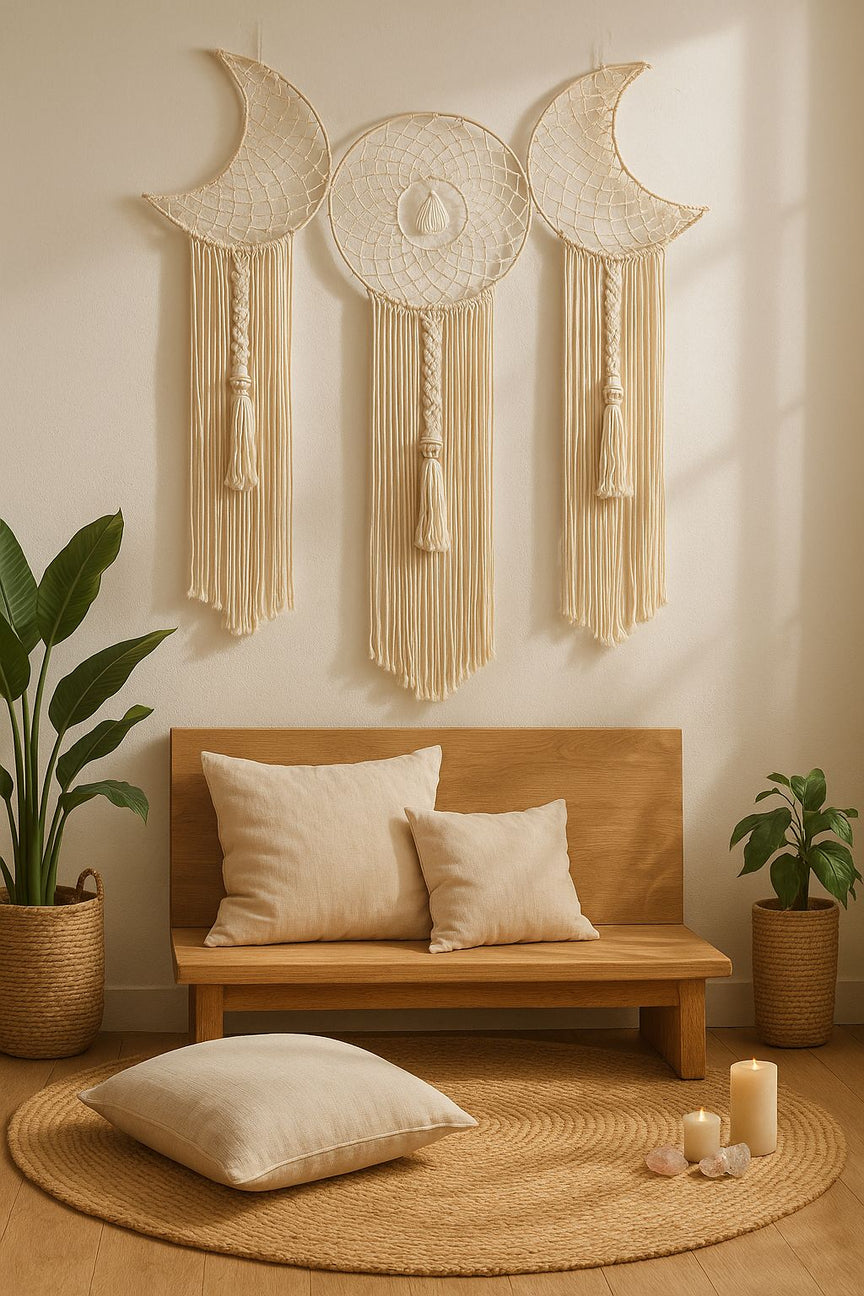 Celestial moon phase macrame wall decor – cream cotton boho wall hanging for bedroom, meditation corner, or entryway

