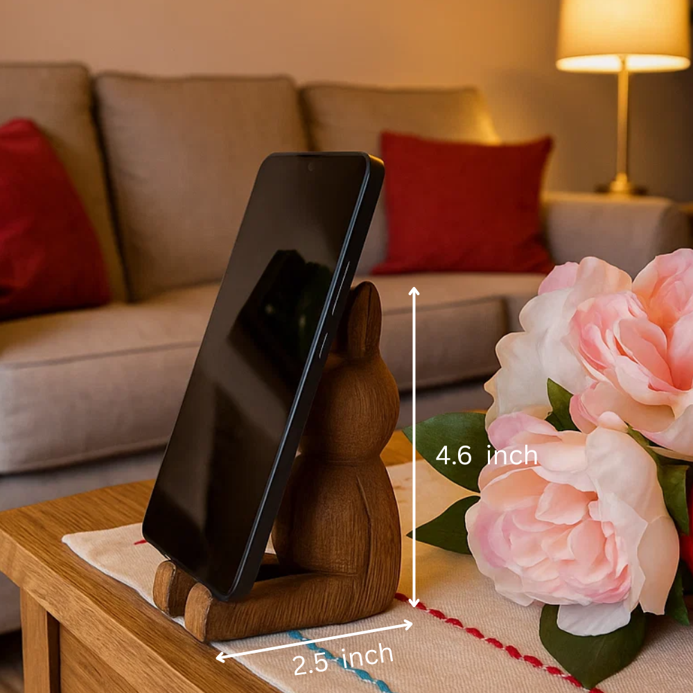 Hand Cut Mango Wood Rabbit Mobile Holder – Sustainable Wooden Phone Stand