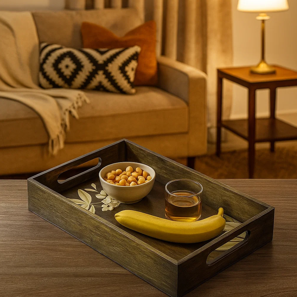 Frangipani Hand Painted Rectangular Wooden Tray – Artisan Wooden Serveware with Floral Hand-Painting