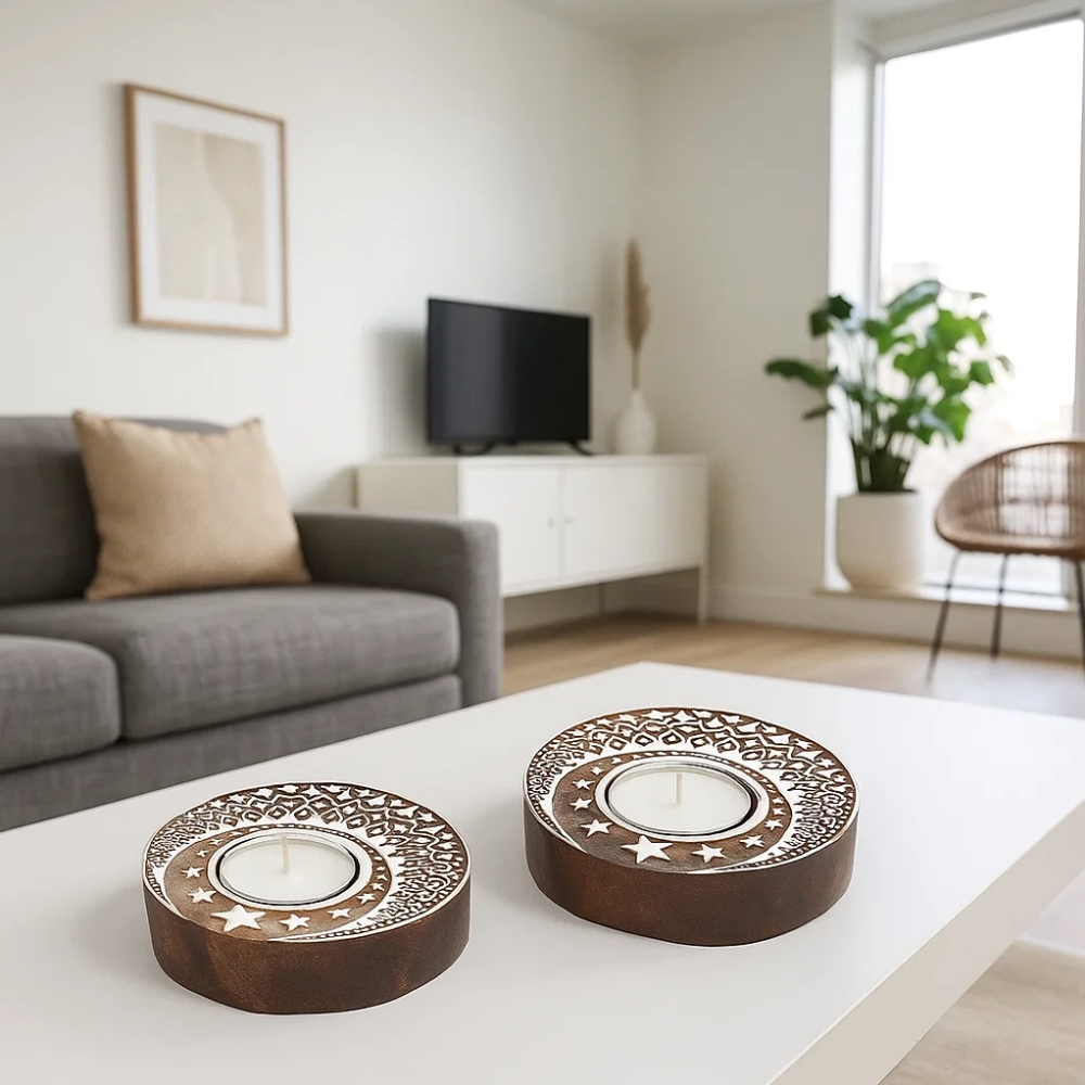 Hand Carved Wooden Moon Tealight Holders (Set of 2) – Artisan Candle Holders with Crescent Moon Design