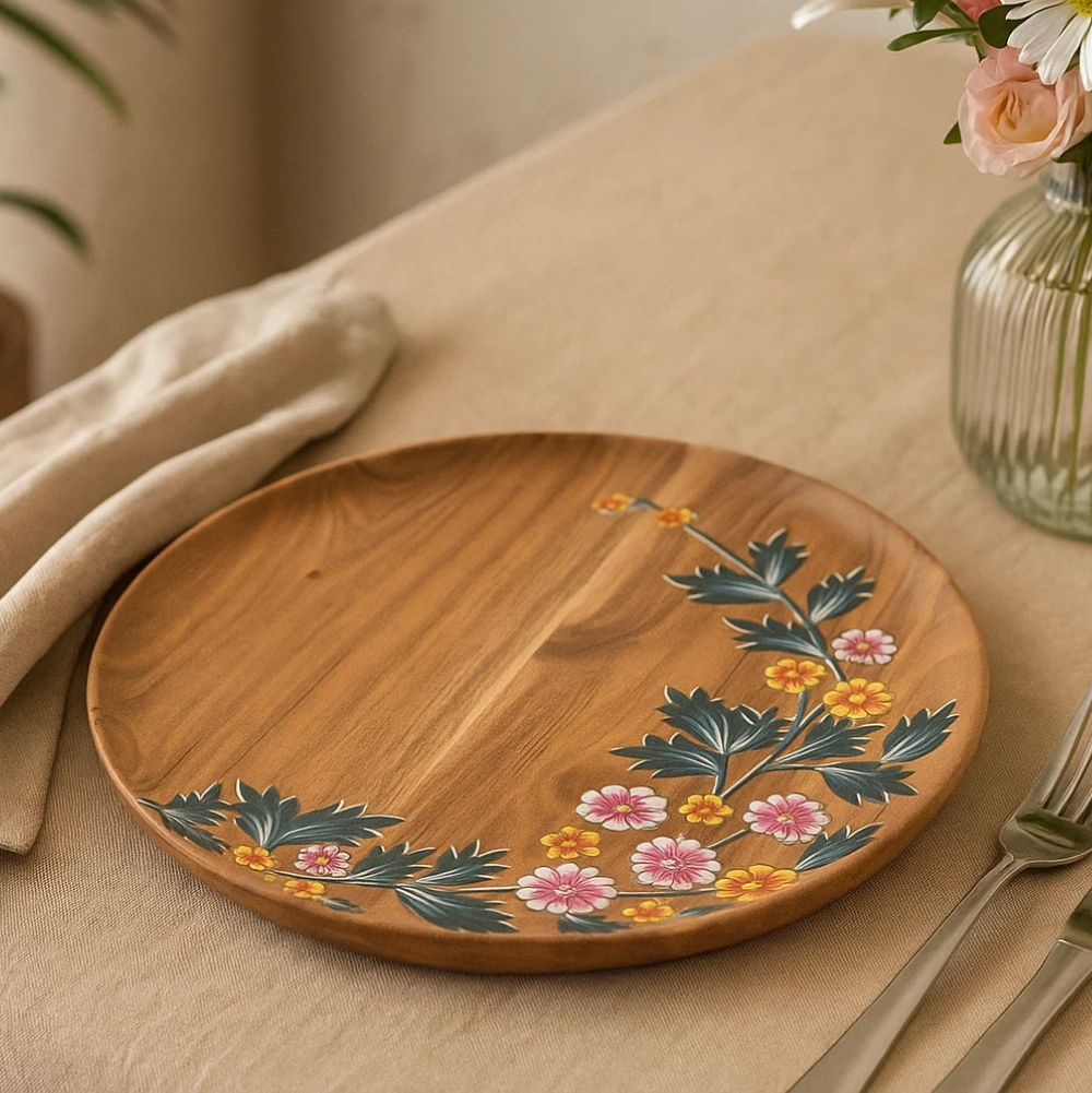 Floral Hand Printed Acacia Wood Plate
