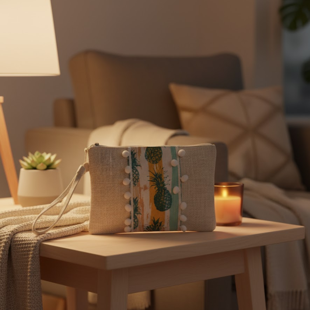 Pompom-Lined Tropical Jute Wristlet