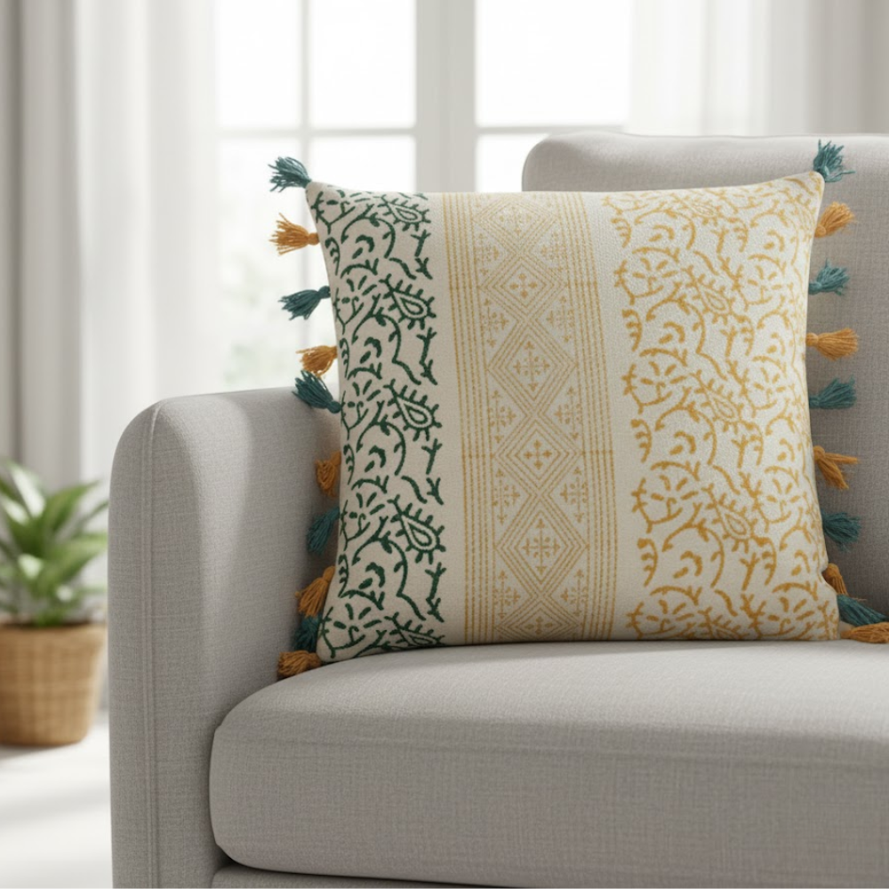 Block Printed Cotton Cushion Cover with Tassels