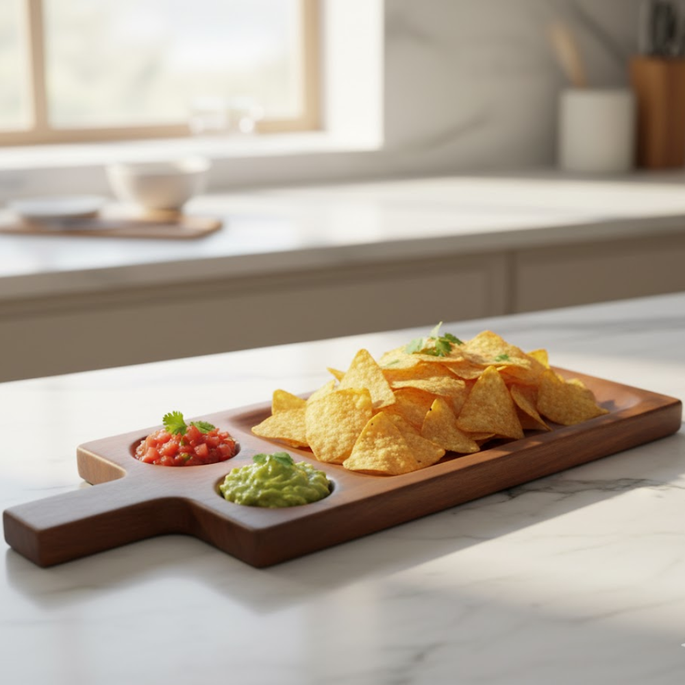 Wooden Chip & Dip Platter – Handmade Solid Wood Serving Tray & Cheeseboard
