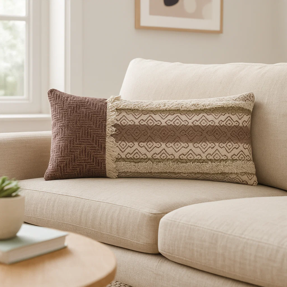 Block Printed & Tufted Lumbar Cotton Cushion Cover – Handcrafted Sofa Cushion Cover