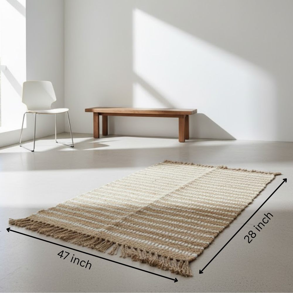 Handwoven Sandy Jute Striped Fringe Rug – Artisan Boho Rug with Rug Fringe Detailing