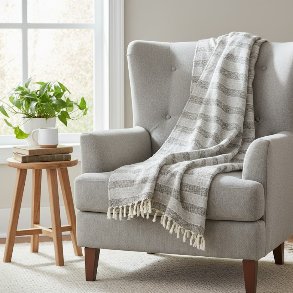 Handwoven Cotton Greyscale Striped Tasseled Throw Blanket