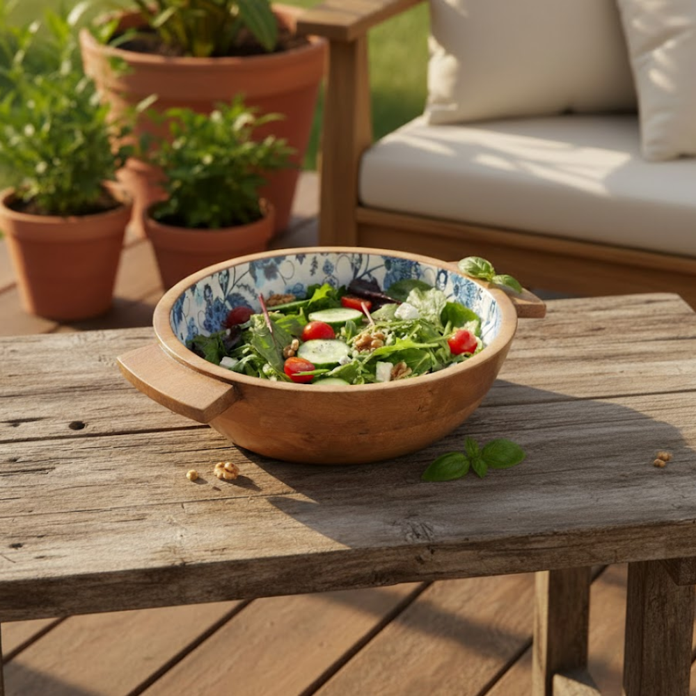 Enamelled Floral Turned Wooden Salad Bowl & Server