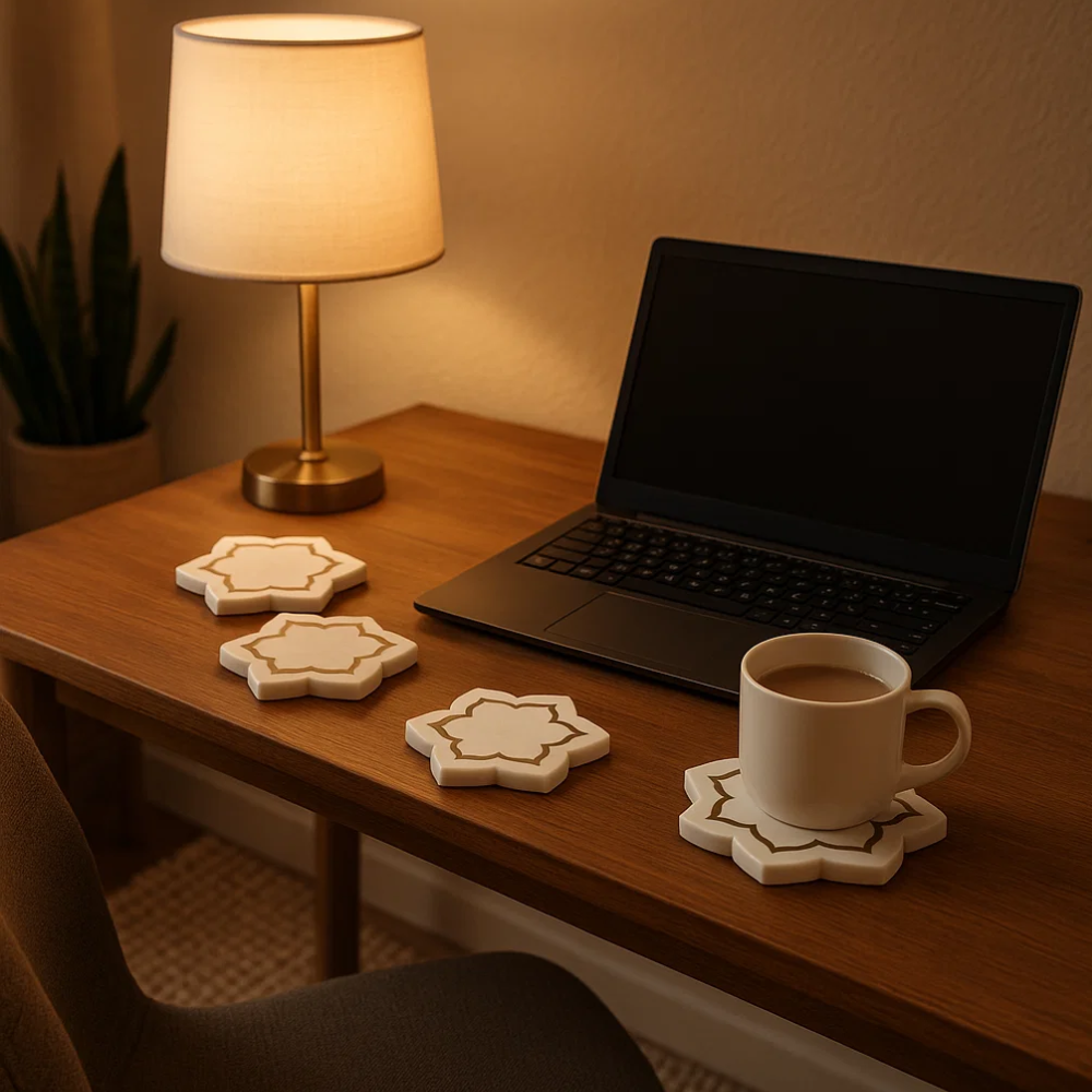 Inlaid Marble Mughal Blossom Coasters – Set of 4 Handcrafted