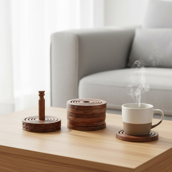 Round Wooden Coasters | Hand-Carved Set of 6 Natural Grain