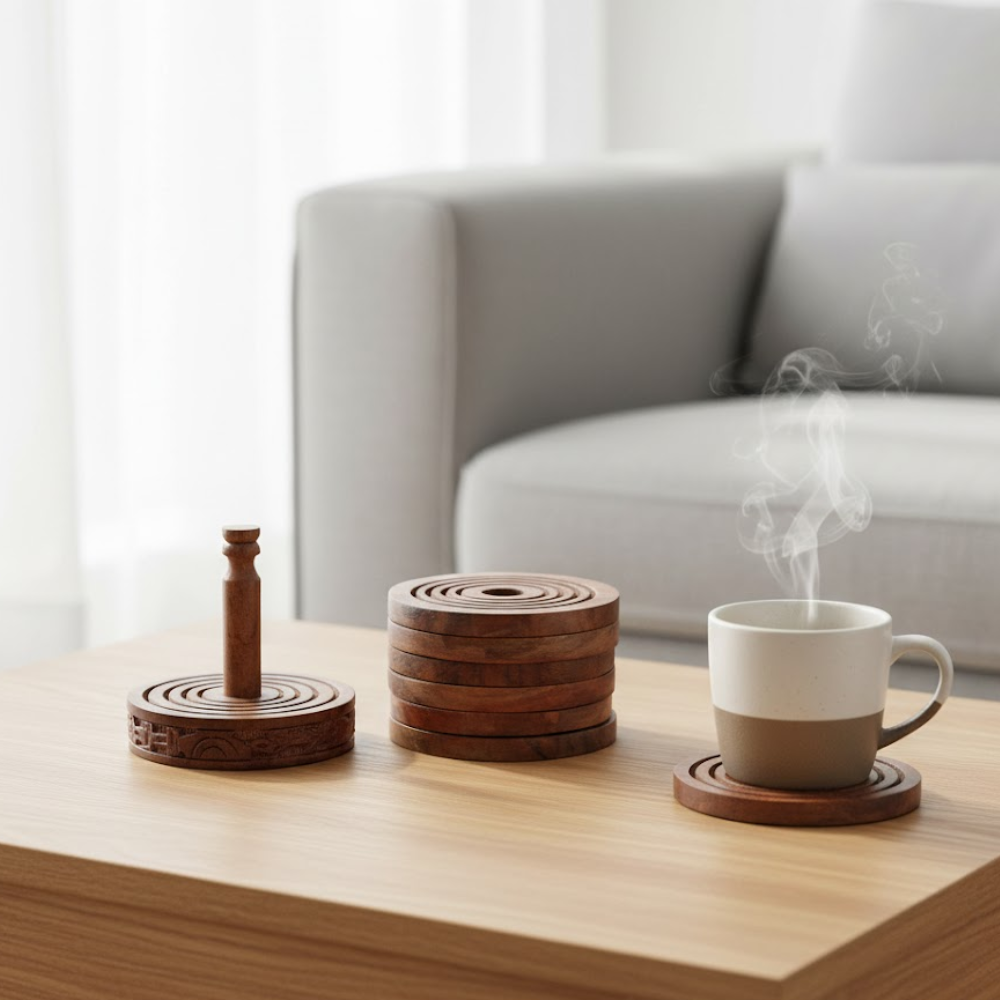 Classic Wooden Round Coasters (Set of 6) – Handcrafted Rustic Wooden Coaster Set with Natural Grain Detailing