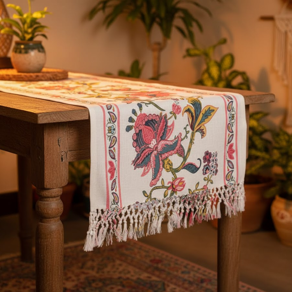 Floral Printed Cotton Table Runner with Tassels – Handwoven Artisan Dining Table Décor