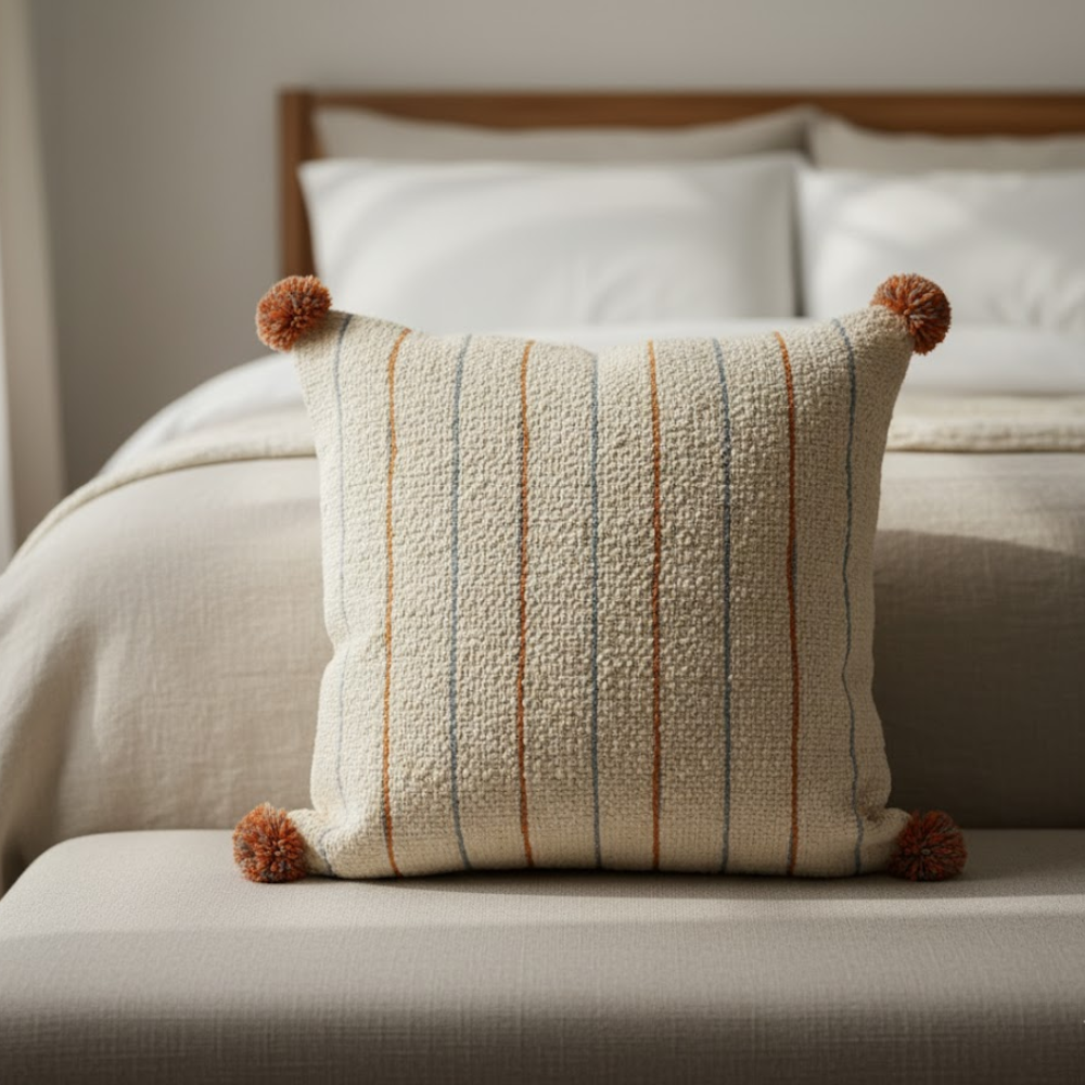 Line & Pom Pom Accent Cotton Cushion Cover – Handwoven Sofa Cushion Cover with Concealed Zip