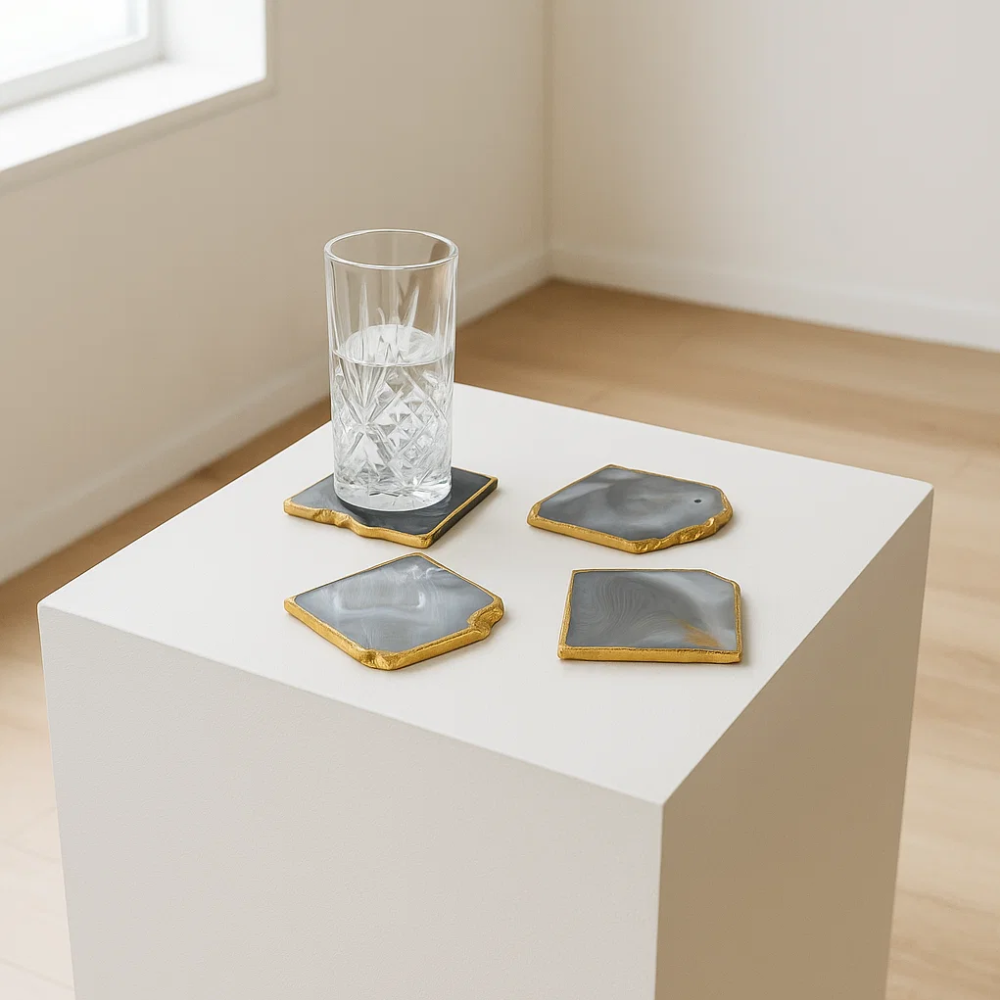 Golden Rimmed Agate Purple Coasters (Set of 4) – Luxury Natural Stone Coasters with Gold Detailing