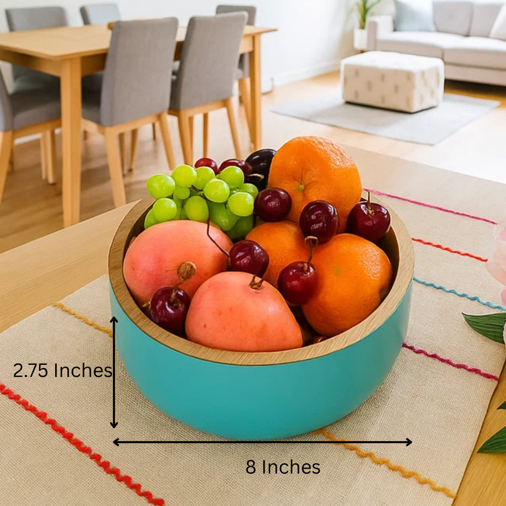 Acacia Wood Matte Aqua Salad Bowl – Handcrafted Wooden Serveware with Aqua Enamel Finish