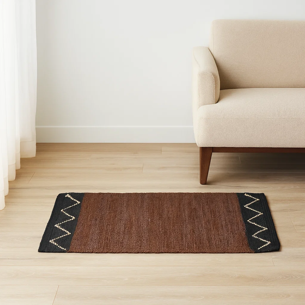 Handwoven Cotton Abstract Brown Durry – Artisan Chevron & Stripe Rug in Leather, Jute & Cotton