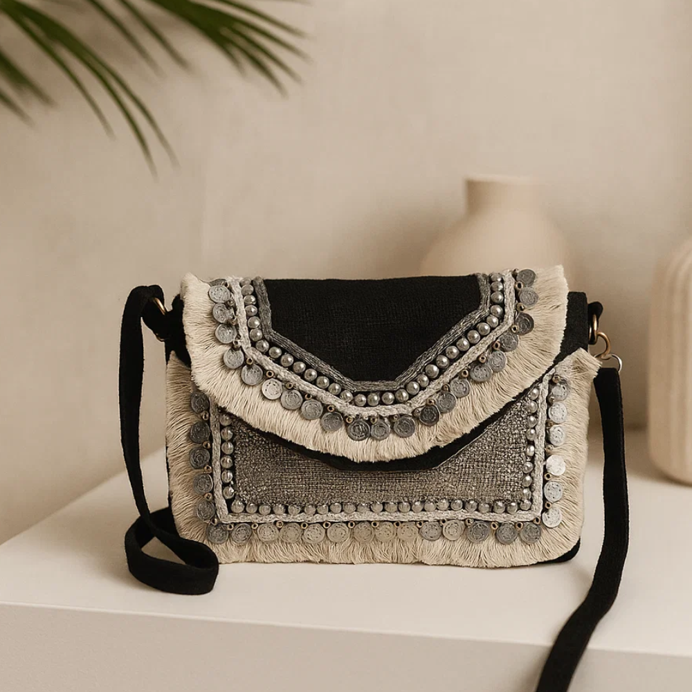 Metallic Embellished & Fringed Black Jute Sling Bag