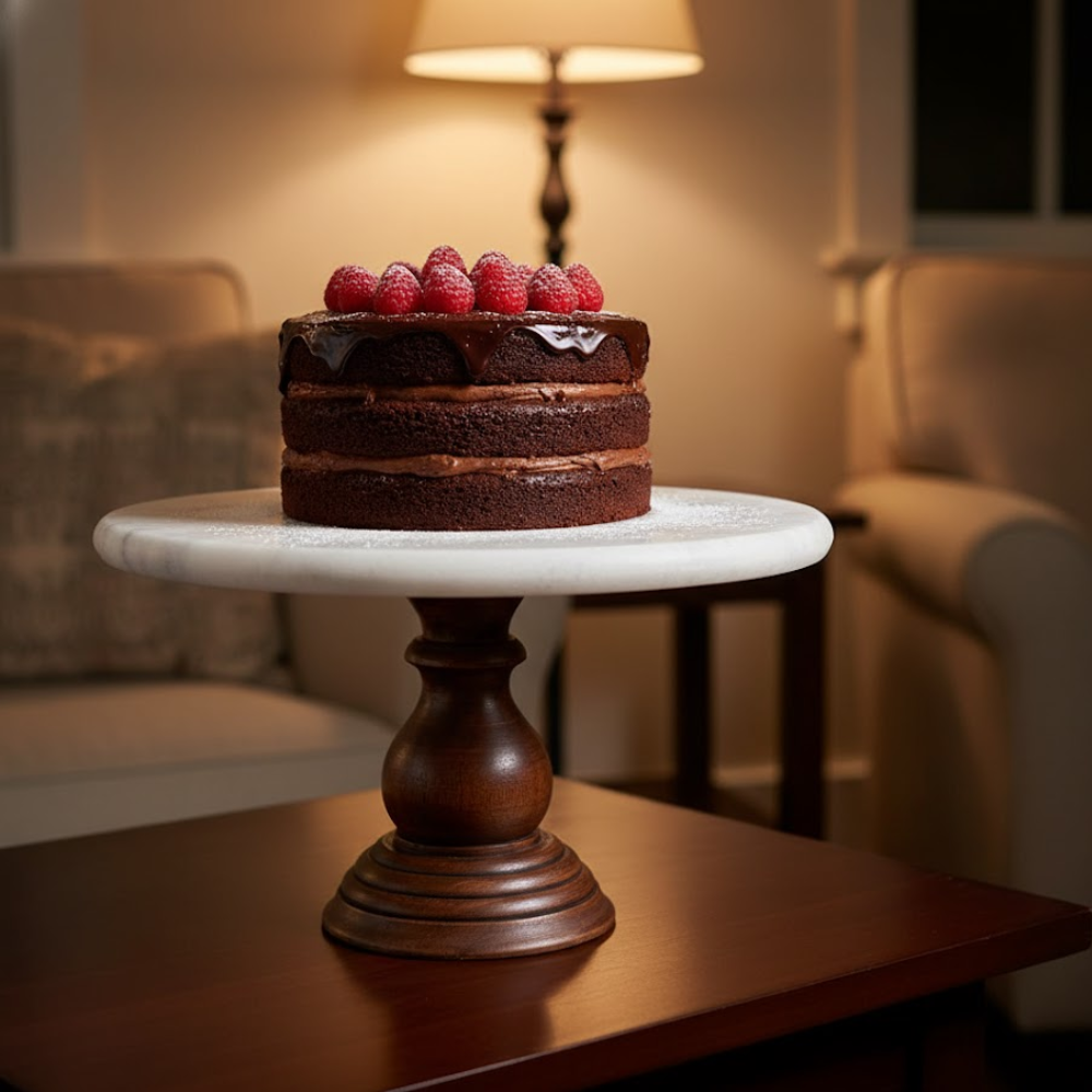 White Marble Cake Stand with Mango Wood Base – Handcrafted Luxury Serveware for Cakes & Desserts