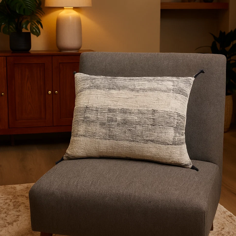 Tasseled Black Lines Lumbar Cotton Cushion Cover – Handwoven Sofa Cushion Cover