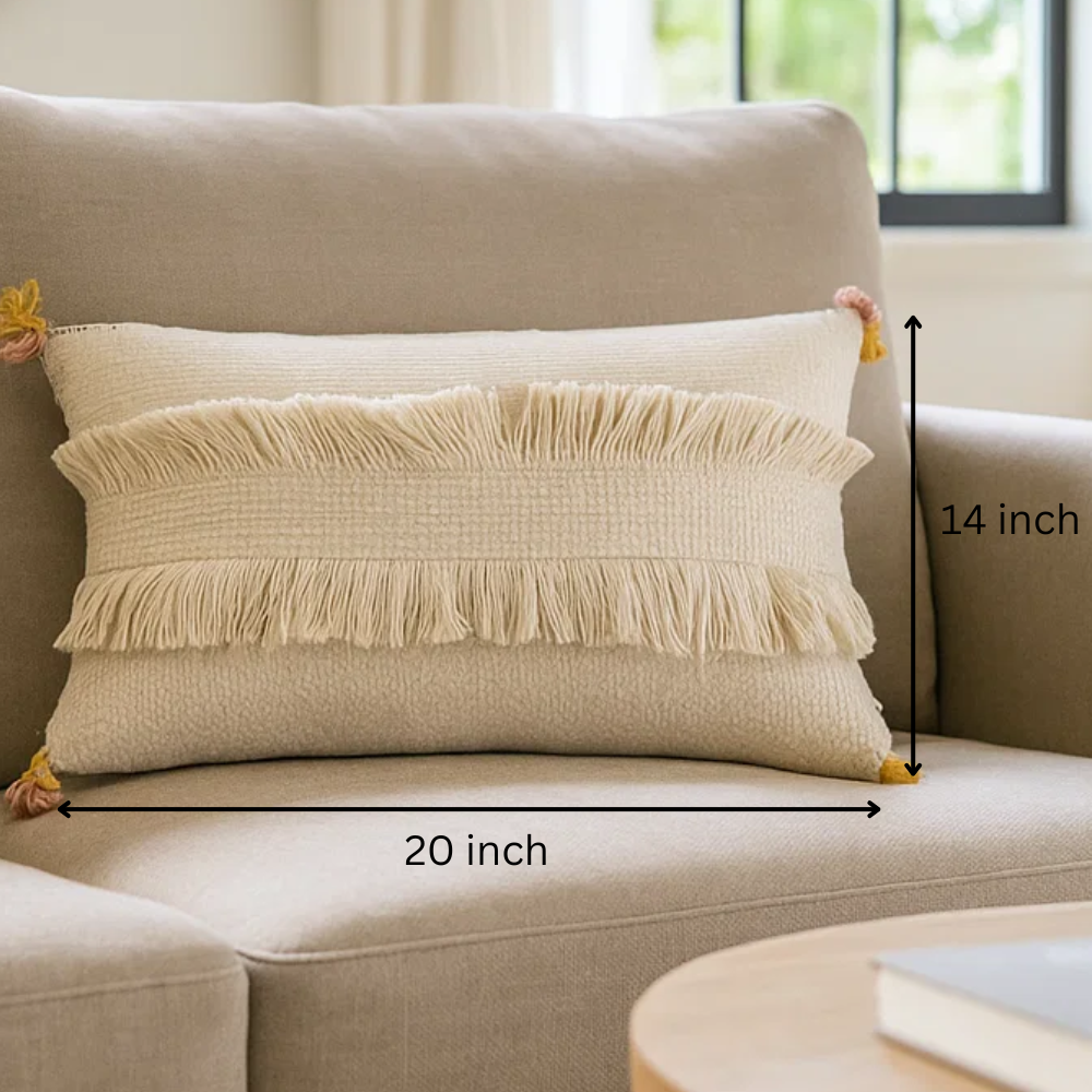 Handwoven Fringed Lumbar Cotton Cushion Cover – Artisan Decorative Sofa Cushion Cover
