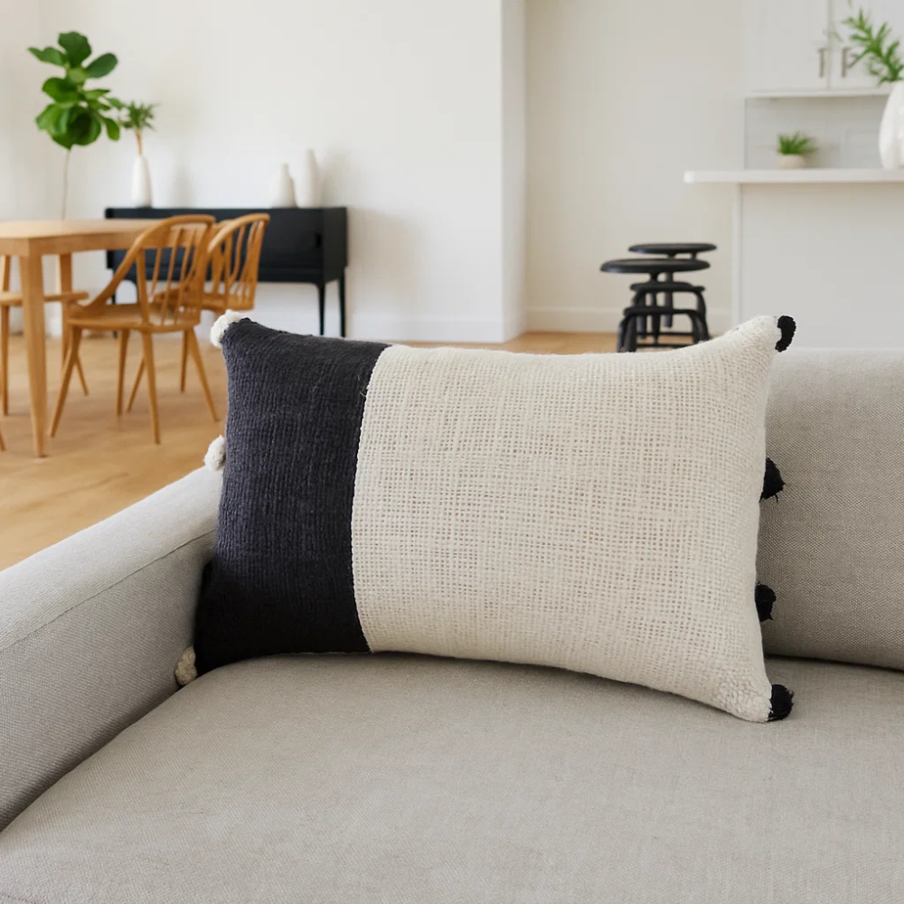 Colorblock Lumbar Cotton Cushion Cover – Handwoven White Sofa Cushion Cover with Concealed Zip (20x12 in)